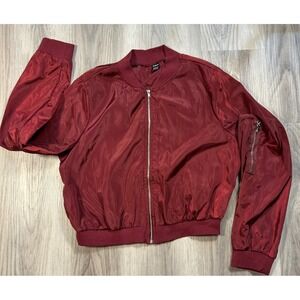 SHEIN Burgundy Red Bomber Jacket Full Zip Side Pocket Ribbed Cuffs Womens Size L